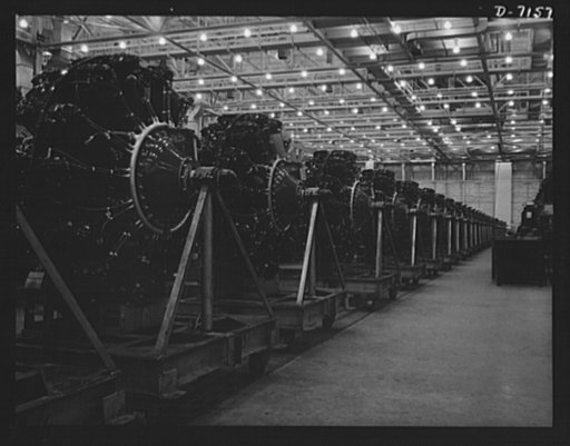 Production. C-47 transport plane. Enough power to drive a fast ocean liner is represented by this line of engines ready for installation in C-47 transport planes at the Long Beach, California, plant Douglas Aircraft Company. The versatile C-47 performs many important tasks for the Army. It ferries m