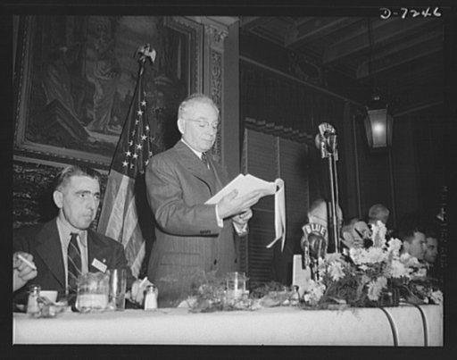 Citation winners. William G. Marshall, Director of the War Production Drive, introduces the workers at a luncheon tendered to them by  Donald M. Nelson, Chairman of the War Production Board (WPB), following the White House ceremony. At left is Daniel W. Mallett, certificate winner from Mechanics Uni