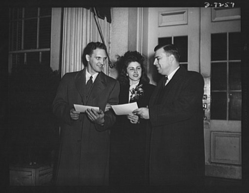 Citation winners. At the White House, certificate winner George Smolarek (left), employee of the Aircraft Engine Department, Packard Motor Company, Detroit, Michigan, and citation winner Walter H. Hill, employed by the Wolverine Tube Division of the Calumet and Hecla Consolidated Copper Company, Det