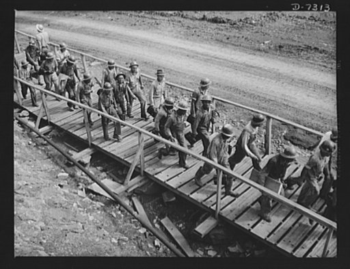 Tennessee Valley Authority. Construction of Douglas Dam. A new shift reports for duty at the TVA's new Douglas Dam on the French Broad River. This dam will be 161 feet high and 1,682 feet long, with a 31,600 acre reservoir area extending forty-three miles upstream. With a useful storage capacity of 