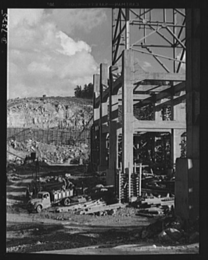 Tennessee Valley Authority. Construction of Douglas Dam. Early construction work on TVA's new Douglas Dam on the French Broad River. This dam will be 161 feet high and 1,682 feet long, with a 31,600 acre reservoir area extending forty-three miles upstream. With a useful storage capacity of approxima