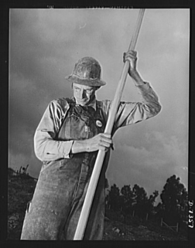 Tennessee Valley Authority. Construction of Douglas Dam. Tamping a dynamite charge in bedrock at the site of TVA's new Douglas Dam on the French Broad River. This dam will be 161 feet high and 1,682 feet long, with a 31,600 acre reservoir area extending forty-three miles upstream. With a useful stor