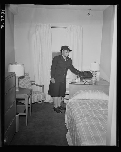 Government hotel for Negro women war workers. Third officer Ina Mae McFadden of the Women's Army Auxiliary Corp was one of the first tenants to move into the 760,000 dollar Lucy D. Slowe Residence Hall, first government constructed hotel for Negro war workers in Washington, D.C. Lieutenant McFadden,