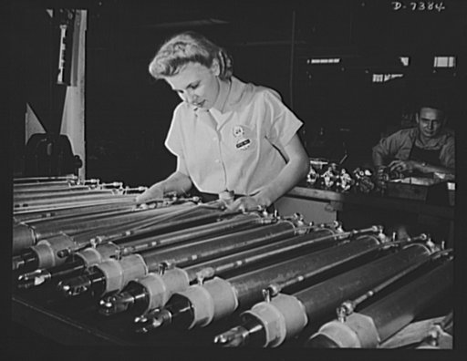 Production. Airplane manufacture, general. Florence Strand inspects hydraulic assemblies for war plane landing gear at the Inglewood, California plant of North American Aviation, Incorporated. She took her husband's place when he joined the Army. North American gives preference to the wives of men i
