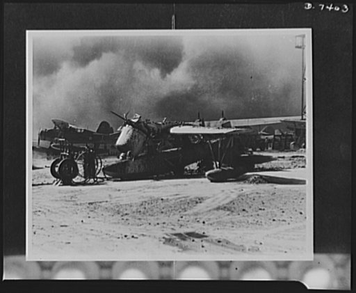 Pearl Harbor bombing. Wrecked seaplane. One of the 80 U.S. Navy planes wrecked by Japanese bombs and bullets during the air attacks on Pearl Harbor, December 7, 1941. The plane was an OS2U, an Observation Scout built by Vought-Sikorsky