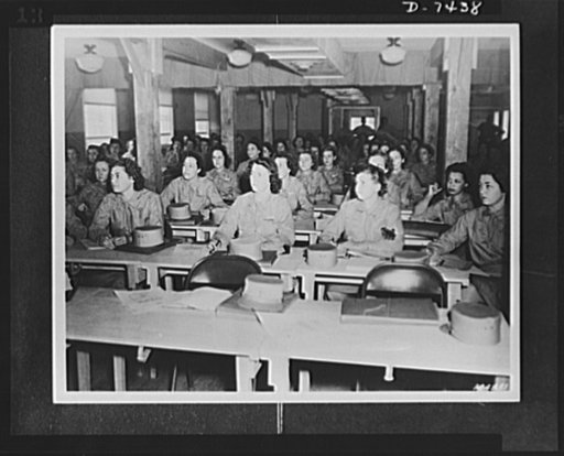 WAACS. Women's Army Auxiliary Corps in a classroom after their march drill, are taking up Organization of the Army. These WAACS are officer candidates, Fort Des Moines, Iowa, 1942