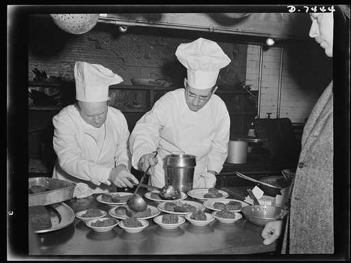 Dehydrated food luncheon at Senate. Chefs Denissen and Vernet of the U.S. Senate restaurant kitchen "dish out" a meal a dehydrated foods for members of the Senate