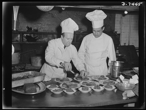 Dehydrated food luncheon at Senate. Chefs Denissen and Vernet of the U.S. Senate restaurant kitchen "dish out" a meal a dehydrated foods for members of the Senate