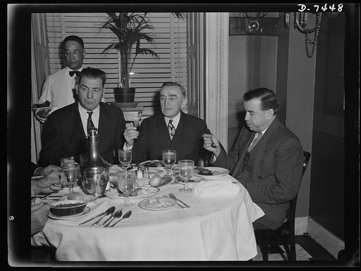 Dehydrated food luncheon at Senate. Senators Johnson of Colorado, O'Mahoney of Wyoming, and Chavez of [New Mexico] sampled dehydrated foods at a luncheon in the U.S. restaurant