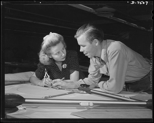 Production. Airplane manufacture, general. Men and women work together in every department at the Inglewood, California, plant of North American Aviation, Incorporated. In the engineering department, two employees discuss a drawing of a new plane part. This plant produces the battle-tested B-25 ("Bi