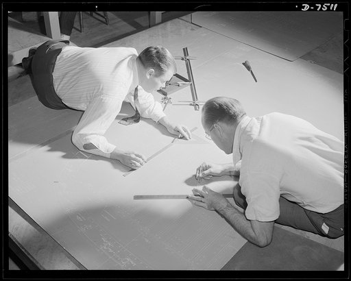 Production. Airplane manufacture, general. Engineers at the Inglewood, California, plant of North American Aviation, Incorporated, prepare drawings for the making of a new plane model. This plant produces the battle-tested B-25 ("Billy Mitchell") bomber, used in General Doolittle's raid on Tokyo, an