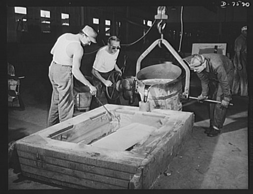 Production. Airplane manufacture, general.  Kirksite is poured into a mold at the Inglewood, California, foundry of North American Aviation, Incorporated. The die that will be cast in this mold will be used in the forming of sheet metal parts for United Nations war planes. This plant produces the ba