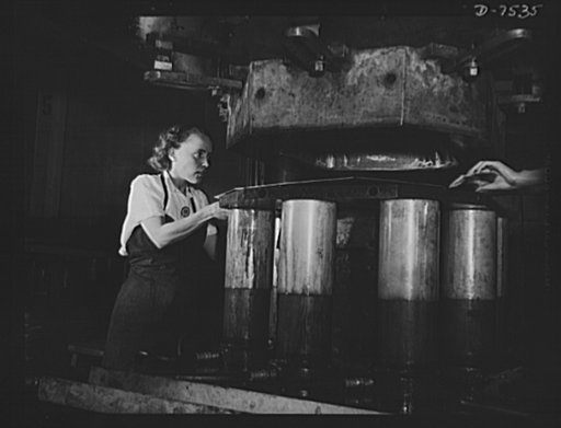 Production. Airplane manufacture, general. Large plane parts are formed on a special hydraulic press in the Inglewood, California, plant of North American Aviation. Two women employees keep it in constant operation during their shift. This plant produces the battle-tested B-25 ("Billy Mitchell") bom