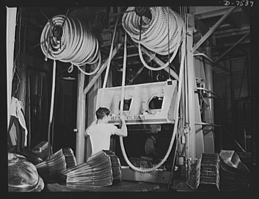 Production. Airplane manufacture, general. Huge drop hammers work day and night forming sheet metal parts for United Nations bombers and fighters at the Inglewood, California, plant of North American Aviation, Incorporated. The heavy hemp rope is used to snub the hammer so that it forms the part und