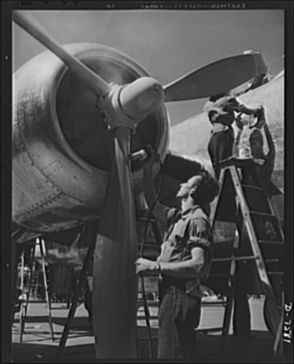 Production. Airplane manufacture, general. A painter sprays the propeller of a B-25 bomber at the big North American plant in Inglewood, California. This plant produces the battle-tested B-25 ("Billy Mitchell") bomber, used in General Doolittle's raid on Tokyo, and the P-51 ("Mustang") fighter plane