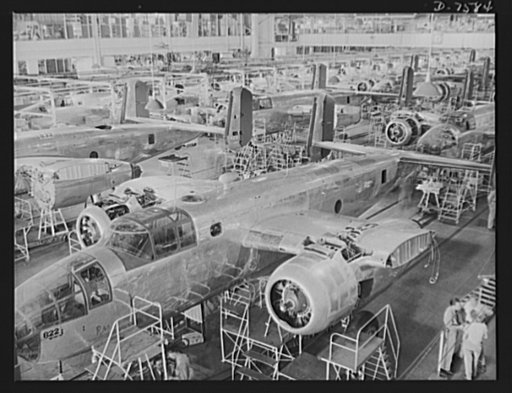 Production. Airplane manufacture, general. Partial view of North American Aviation's B-25 final assembly floor at Inglewood, California. This plant produces the battle-tested B-25 ("Billy Mitchell") bomber, used in General Doolittle's raid on Tokyo, and the P-51 ("Mustang") fighter plane, which was 