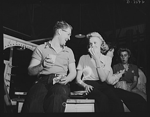 Production. Airplane manufacture, general.  Men and women employees on the "swing shift" of North American's Inglewood, California, aircraft plant, enjoy their lunch periods. This plant produces the battle-tested B-25 ("Billy Mitchell) bomber, used in General Doolittle's raid on Tokyo, and the P-51 