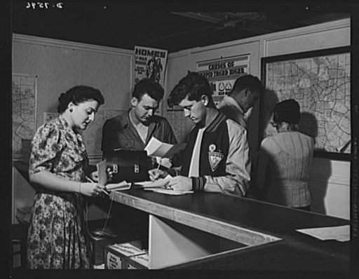 Production. Airplane manufacture, general. North American Aviation employees at the Inglewood, California, plant, sign up for riders in the transportation department. The map on the rear wall helps to plan shortest routes to and from work. This plant produces the battle-tested B-25 ("Billy Mitchell"