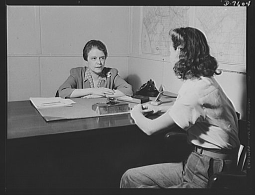 Production. Airplane manufacture, general. Mrs. Lewis, women's counselor at the Inglewood, California, plant of North American Aviation, discusses a problem with an employee. Women employees are free to consult Mrs. Lewis anytime. This plant produces the battle-tested B-25 ("Billy Mitchell") bomber,