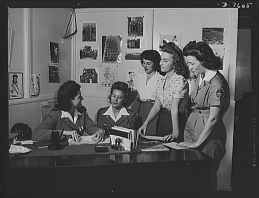 Production. Airplane manufacture, general. A group of North American's  women employees at Inglewood, California, discuss a coming sports event with Bonnie Edlund, women's activities director. This plant produces the battle-tested B-25 ("Billy Mitchell") bomber, used in General Doolittle's raid on T