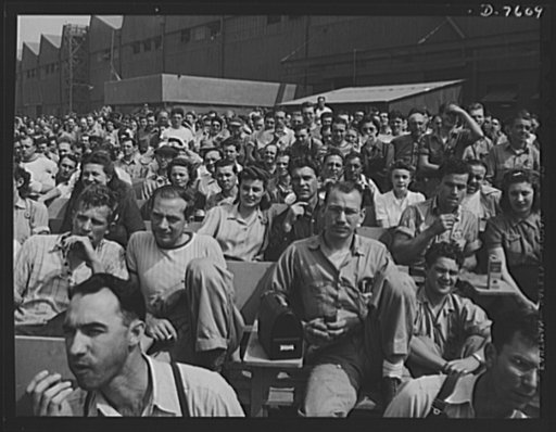 Production. Airplane manufacture, general. Thousands of North American Aviation's employees at Inglewood, California, attend company-sponsored shows at the recreation center during lunch periods. This plant produces the battle-tested B-25 ("Billy Mitchell") bomber, used in General Doolittle's raid o