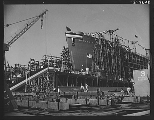 Production. Launching of the SS Booker T. Washington. First Liberty Ship named for a Negro, the SS Booker T. Washington is shown at the California Shipbuilding Corporation's yards a short time before it was christened by Marian Anderson, the celebrated contralto. The cargo vessel was placed in comma