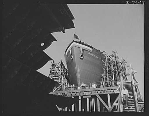 Production. Launching of the SS Booker T. Washington. First Liberty Ship named for a Negro, the SS Booker T. Washington is shown at the California Shipbuilding Corporation's yards a short time before it was christened by Marian Anderson, the celebrated contralto. The cargo vessel was placed in comma
