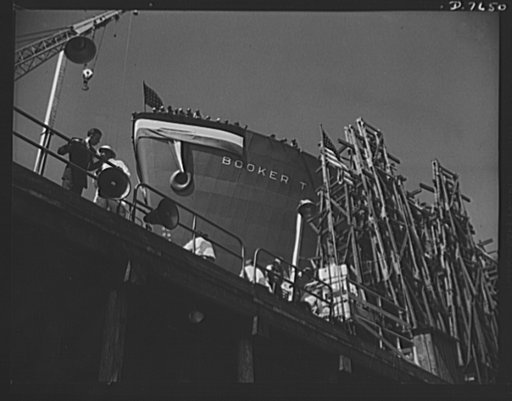 Production. Launching of the SS Booker T. Washington. First Liberty Ship named for a Negro, the SS Booker T. Washington is shown at the California Shipbuilding Corporation's yards a short time before it was christened by Marian Anderson, the celebrated contralto. The cargo vessel was placed in comma