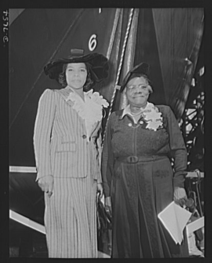 Production. Launching of the SS Booker T. Washington. Marian Anderson, celebrated contralto, and Mrs. Mary McLeod Bethune, Director of Negro Affairs, National Youth Administration (NYA), at the launching of the SS Booker T. Washington, first Liberty Ship named for a Negro, at the California Shipbuil