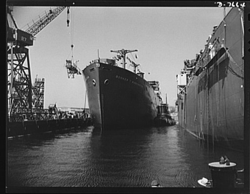 Production. Launching of the SS Booker T. Washington. The SS Booker T. Washington, first Liberty Ship named for a Negro is shown at the fitting-out pier a short time after it was launched at the California Shipbuilding Corporation's yards. Marian Anderson, celebrated contralto, christened the ship w