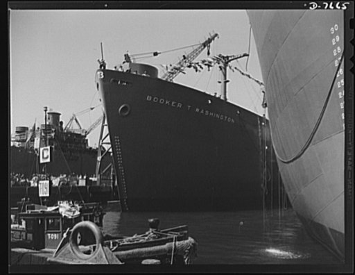 Production. Launching of the SS Booker T. Washington. The SS Booker T. Washington, first Liberty Ship named for a Negro is shown at the California Shipbuilding Corporation's yards. Marian Anderson, celebrated contralto, christened the ship which was named for the noted Negro educator