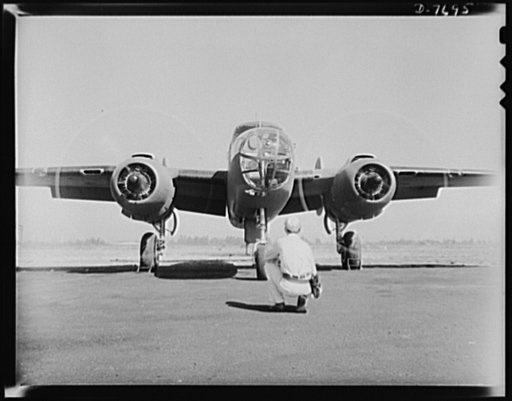 Production. B-25 "Billy Mitchell" bombers. On the flight ramp at the  Inglewood, California, plant of North American Aviation, a B-25 bomber is "warmed up" before its inital flight test. In addition to the battle-tested B-25 "Billy Mitchell" bomber, used in General Doolittle's raid on Tokyo, this pl