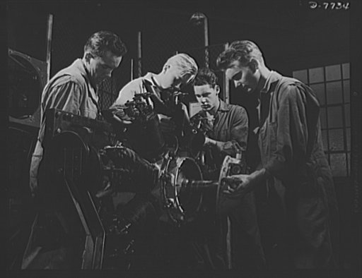 High school Victory Corps. Future airplane mechanics in aeronautics class at Washington High School, Los Angeles, California, have several plane motors of different designs which they tear down and put together