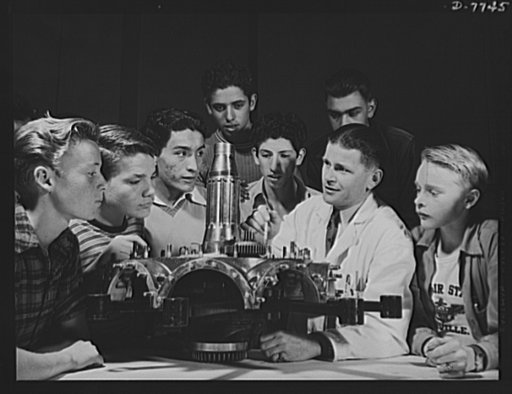 High school Victory Corps. Whether they will build or fly airplanes in the future, students of the airplane engine class at Polytechnic High School, Los Angeles, California, learn what makes the engine go round