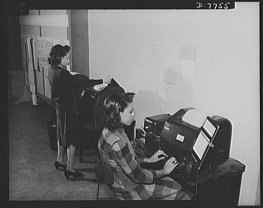 Manning Office of War Information's "nerve center." A new field of employment was opened to Negroes recently when six colored girls were given skilled jobs in the teletype room of the OWI. The young women, trained by OWI at the American Telephone and Telegraph School in Washington, D.C., operate mac