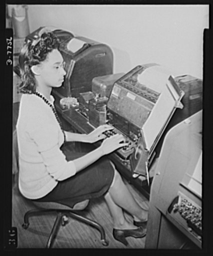 Manning Office of War Information's "nerve center." A new field of employment was opened to Negroes recently when six colored girls were given skilled jobs in the Teletype room of the Office of War Information. The young women, trained by OWI at the American Telephone and Telegraph School in Washing