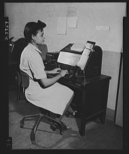 Manning Office of War Information's "nerve center." A new field of employment was opened to Negroes recently when six colored girls were given skilled jobs in the Teletype room of the Office of War Information. The young women, trained by OWI at the American Telephone and Telegraph School in Washing