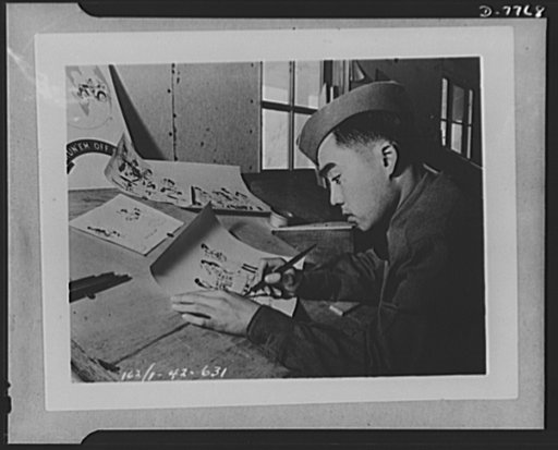 Private Mitchie M. Miyamoto, U.S. Army. "Second only to Walt Disney"--that's what the Nineth Armored Division thinks of its cartoonist. He is Private Mitchie M. Miyamoto, twenty-two, an American-born citizen of San Francisco, whose parents are in a Japanese war relocation center. Miyamoto is a "natu