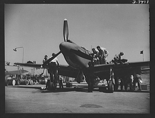 Production. P-51 ("Mustang) fighter planes. A group of North American employees at the Inglewood, California, plant, put the finishing touches on a P-51 fighter before it goes to the flight test crew. This plant produces the battle-tested B-25 ("Billy Mitchell") bomber, used in General Doolittle's r