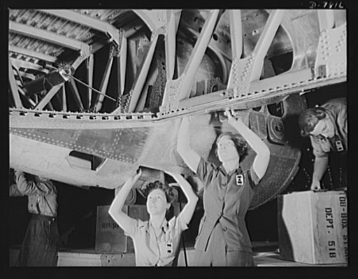 Production. B-17F heavy bombers. Women install nacelles and wing members to the wing section of a B-17F heavy bomber in the Long Beach, California, plant of Douglas Aircraft Company. Better known as the "Flying Fortress," the B-17F is a later model of the B-17, which distinguished itself in action i