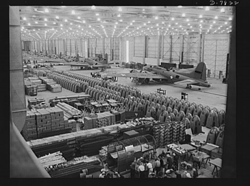 Production. B-17F heavy bombers. The final assembly line of B-17F heavy bombers moves rapidly in the Long Beach, California, plant of Douglas Aircraft Company. Better known as the "Flying Fortress," the B-17F is a later model of the B-17, which distinguished itself in action in the South Pacific, ov