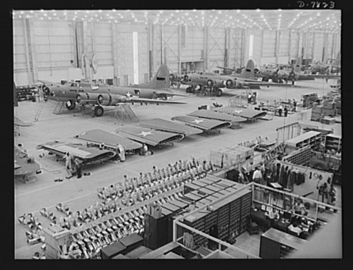 Production. B-17F heavy bombers. A tidy final assembly line at the Long Beach, California, plant of Douglas Aircraft Company, sends B-17F heavy bombers to the flight lines at a rapid rate. Better known as the "Flying Fortress," the B-17F is a later model of the B-17, which distinguished itself in ac