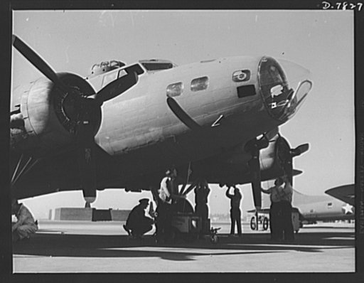 Production. B-17F heavy bombers. In the transport nose of this new B-17F heavy bomber is housed the deadliest bombsight in the world. The plane is just about ready to make its maiden flight from the Long Beach, California, plant of Douglas Aircraft Company. Better known as the "Flying Fortress," the