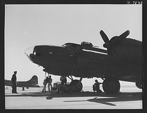 Production. B-17F heavy bombers. Another new B-17F heavy bomber receives a final tuneup before its maiden flight from the Long Beach, California, plant of Douglas Aircraft. Better known as the "Flying Fortress," the B-17F is a later model B-17, which distinguished itself in action in the South Pacif