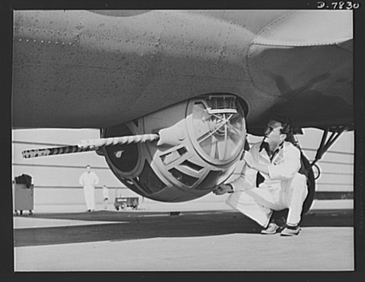 Production. B-17F heavy bombers. The belly turret of the B-17F heavy bomber has stopped many Axis pilots. A gunner on this rotating cage controls the fire of two heavy caliber machine guns. This new ship is ready for delivery from the Long Beach, California, plant of Douglas Aircraft Company. Better