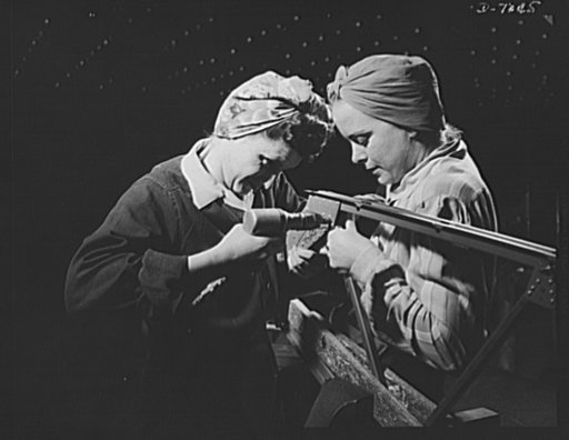 Production. Airplane maufacture, general. Women assembly workers rivet a gusset to a plane wing rib at the Long Beach, California, plant of Douglas Aircraft Company. Most important of the many types of aircraft made at this plant are the B-17F ("Flying Fortress") heavy bomber, the A-20 ("Havoc") ass