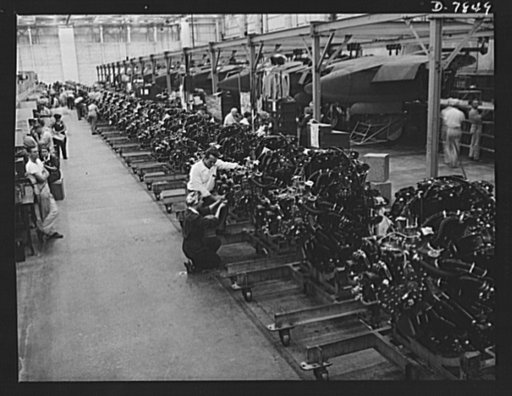 Production. Airplane maufacture, general. This line of warplane engines at the Long Beach, California, Douglas Aircraft Company, represents enough horsepower to drive an ocean liner. Most important of the many types of aircraft made at this plant are the B-17F ("Flying Fortress") heavy bomber, the A