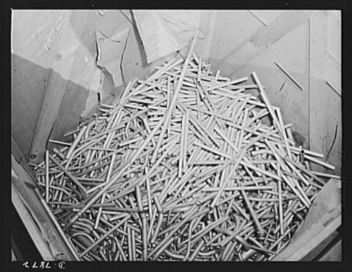 Production. Airplane maufacture, general. Scrap lengths of aluminum tubing at the Long Beach, California, plant of Douglas Aircraft Company are returned to the smelters for reclamation and reforming into useful shapes. Most important of the many types of aircraft made at this plant are the B-17F ("F