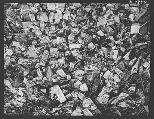 Empty collapsible tubes: a tin mine for war industry. Can you find your favorite brand? A small section of the stockpile of old tooth paste, shaving cream and other metal tubes received for reclamation at the Newark, New Jersey plant of the Tin Salvage Institute. Some 400,000 pounds of these tubes a