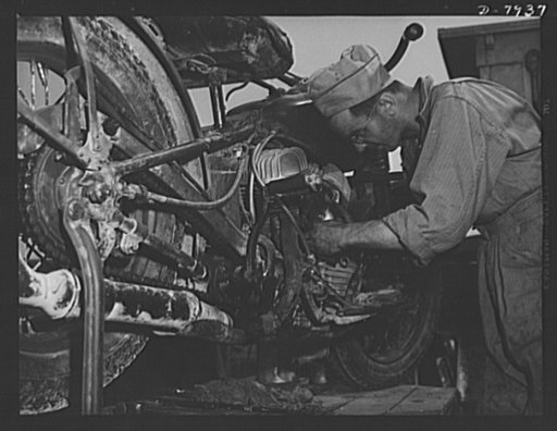 Fort Knox. Maintenance of mechanized equipment. General checkover and adjustment for one of the Army's motorcycles at Fort Knox, Kentucky. Wherever possible, modern military vehicles receive the same scrupulous attention once given to army horses and mules